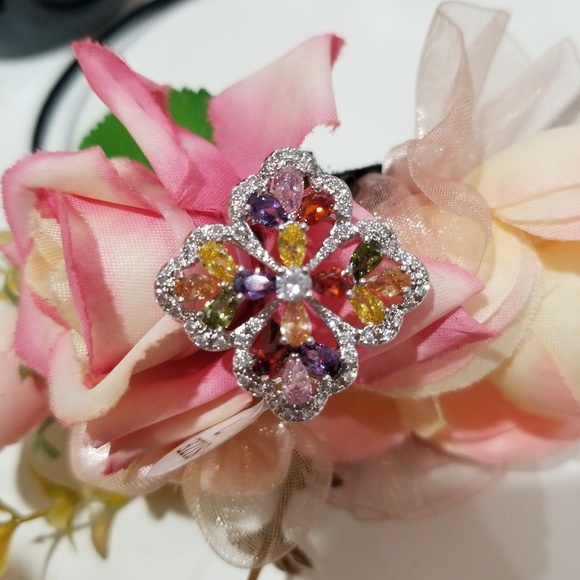 925 Swarovski Elements multi colored Floral rings Women's size 7 - Picture 5 of 8